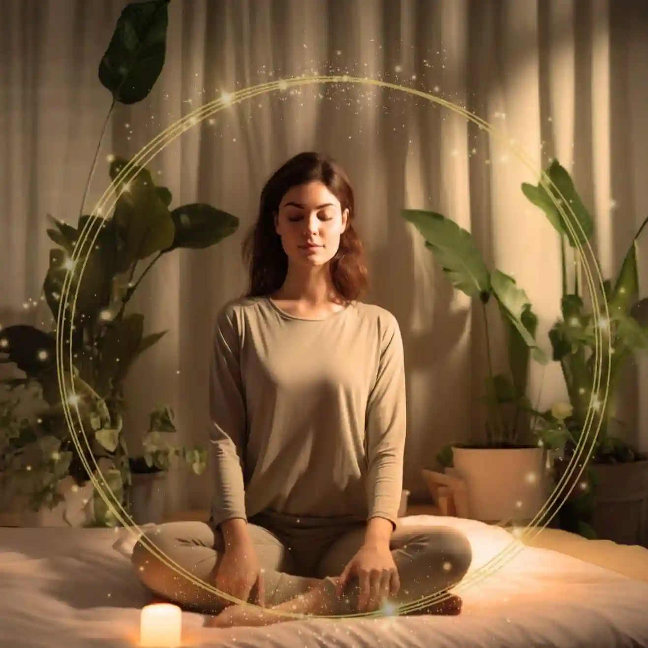 Hero-FTimg-Woman-in-golden-bubble Woman meditating in the FLFE Field.